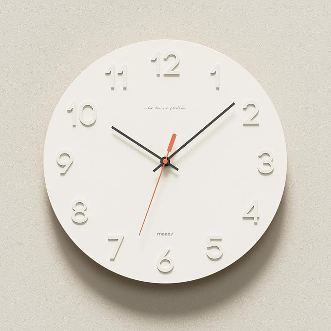 mooas 3D Numbers Modern Wall Clock, 12" Battery Operated, Analog (Cream) | Silent Non-Ticking Sweep Movement, Decorative, Home Decor Living Room Kitchen Bedroom Office Living Room Hotel