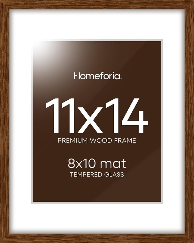 Homeforia 11x14 Brown Oak Picture Frame, High-End Wood, 8x10 Mat, Glass