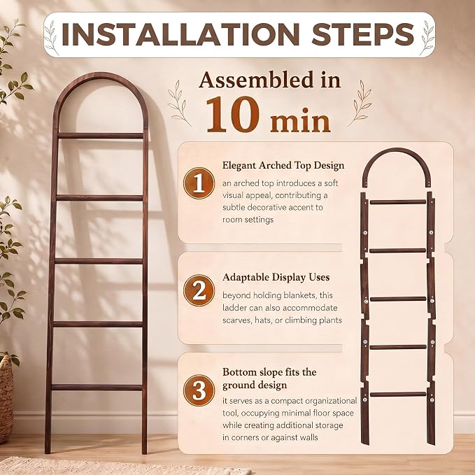 Sintuff Arched Wooden Blanket Ladder 5.5ft Leaning Rack, Brown | 5-tier Natural Wood, Farmhouse Decor Shelf for Bedroom Bathroom, Leaning Design for Throw Blankets and Towels Holder Storage