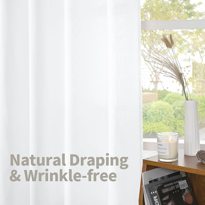 YoungsTex White Linen Curtains 63 Inch Length for Short Living Room Window, 38 Inches Wide Light Filtering Drapes Back Tab Rod Pocket for Bedroom, 2 Panels