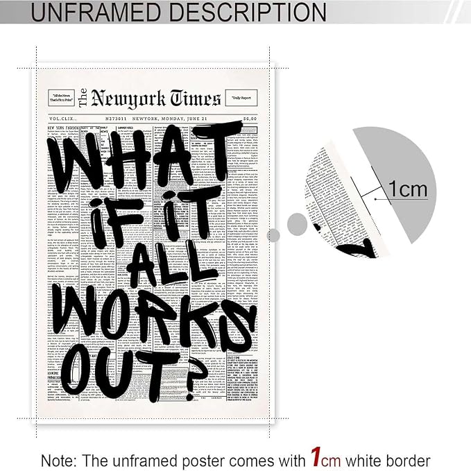 Retro Black And White Newspaper Poster What If It All Works Out Canvas Wall Art Positive Affirming Quote Minimalist Prints Painting For Home Bedroom Dorm Wall Decor 24x36in Unframed