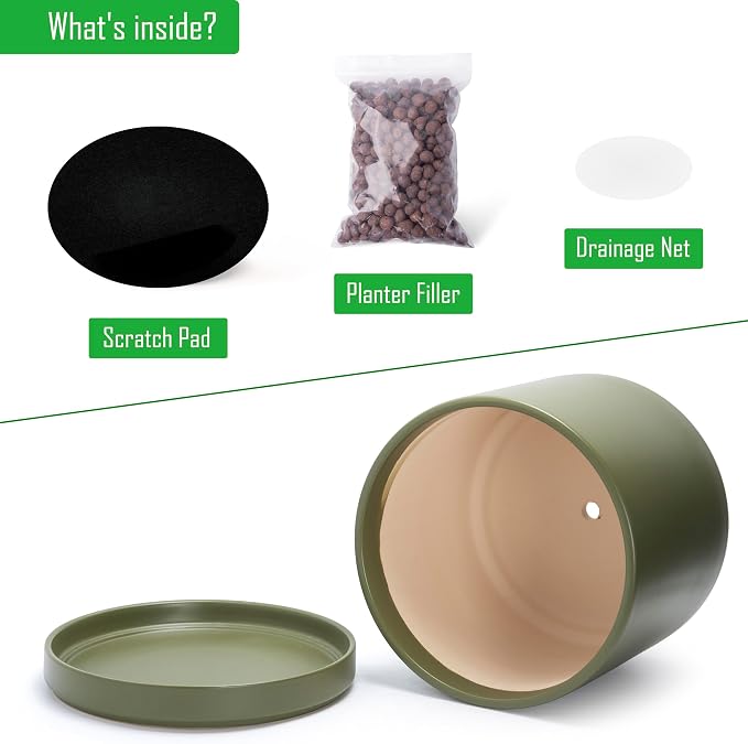 D'vine Dev 16 Inch Ceramic Planter Pot, Olive, 94-O-H-J | Modern Cylinder Design, Drainage Hole & Saucer Included, Stable Structure, Elegant Home Accent