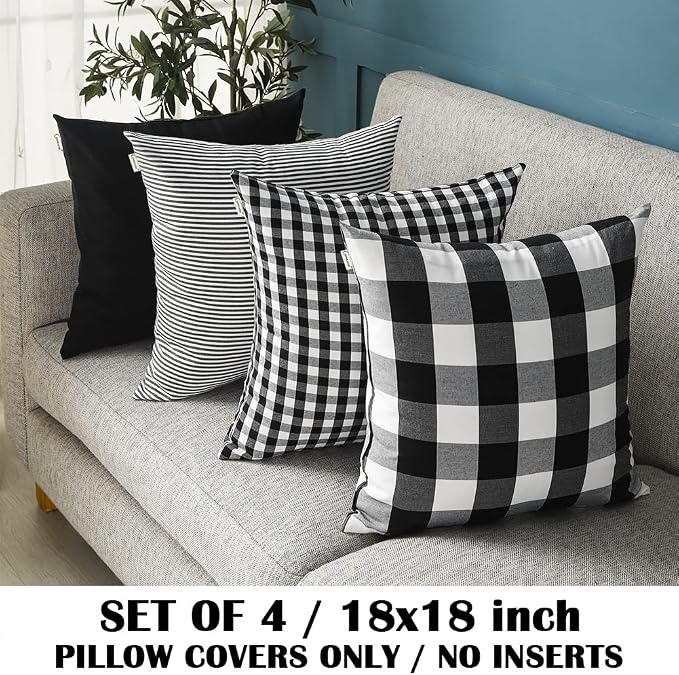 Black and White Buffalo Check Plaid Throw Pillow Covers 18x18 Set of 4 | Soft Black Couch Sofa Pillow Covers 18 x 18, Black and White Plaid Christmas Pillow Covers Set of 4, Outdoor Porch Pillows