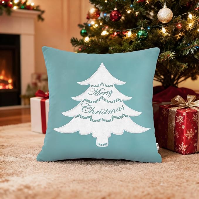 BRAWARM Christmas Pillow Cover 20 X 20 Inches, Teal Christmas Tree Embroidered Pillow Cover, Soft Velvet Decorative Throw Pillow for Couch Bed Sofa Living Room Home