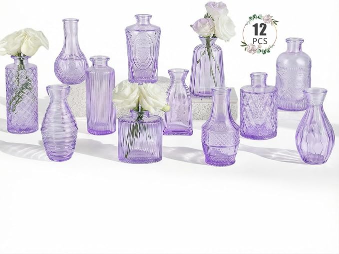 BEAHOT Bud Vase in Bulk - Flower Vases for Wedding Decorations, Glass Vase for Table Decorations, Small Vase for Home, Mother's Day, Centerpieces, Party, Office (12pack,Purple)