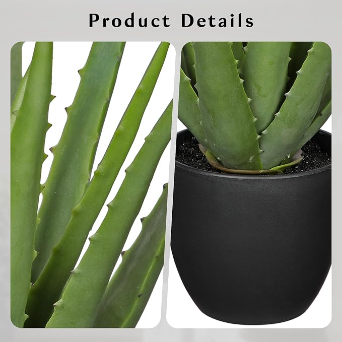 GnFlus Fake Succulent Aloe Vera Plants 13 Inch Large Artificial Succulents with Black Pot Faux Aloe Potted Plant for Desk Modern Home Office Bedroom Living Room Table Shelf Decor