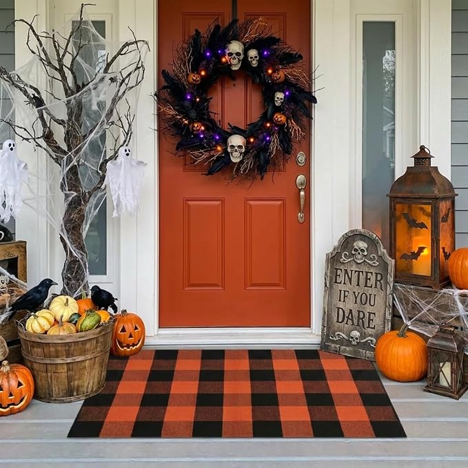 SEEKSEE Buffalo Plaid Outdoor Rug 27.5x43 Orange and Black Front Door Mat, Layering Rug for Porch, Halloween Doormat, Front Porch Rug for Outdoor Entrance Entryway Patio Porch Decor