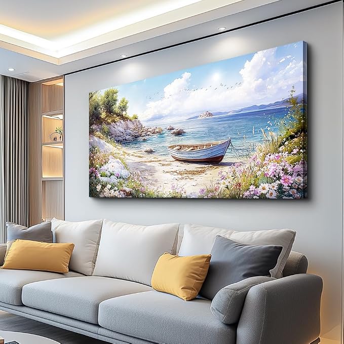 QIYILEXWART Canvas Wall Art For Living Room Large Wall Decor For Office Bedroom Decorations Seaside Landscape Pictures Boat Painting Artwork Room Wall Mural Aesthetic Home Decor 30x60 In