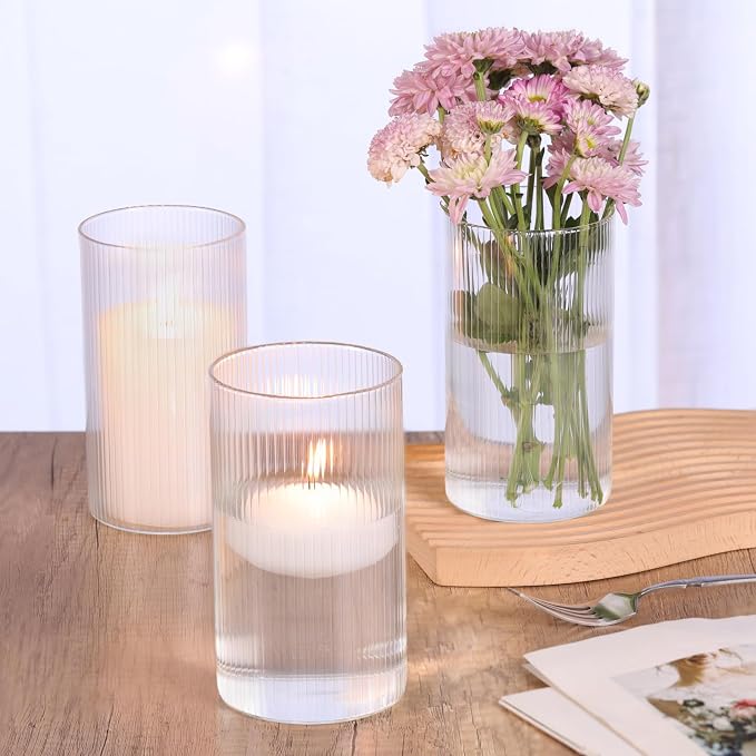 6 Inch Clear Glass Ribbed Cylinder Vases for Centerpieces, Pack of 6 | Flower Vases for Wedding & Home Decor, Hurricane Floating Candle Holders for Table & Shelf & Party