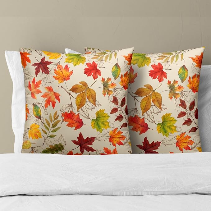 Autumn Leaves Throw Pillow Covers 18x18 inch Set of 2 Fall Maple Leaf Wild Plant Pillow Cases Thanksgiving Seasonal Farmhouse Outdoor Decor Cushion Cover for Home Porch Sofa