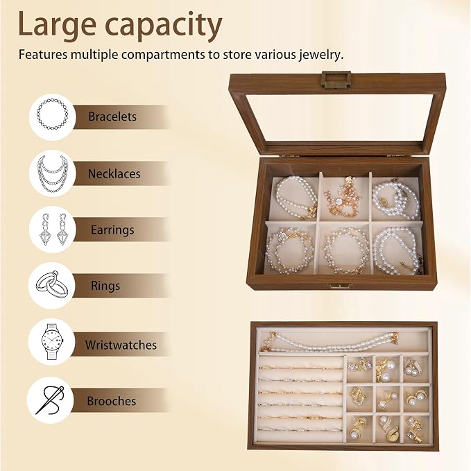 2-Layer Glass Lid Walnut Jewelry Box,Wooden Jewelry Organizer | Vintage Style Jewelry Box for Women girls,Ideal Gift for Rings, Earrings, Necklaces & Bracelets