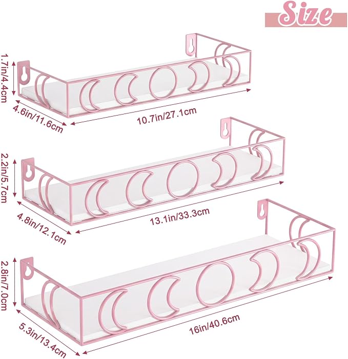 PHAREGE Moon Phase Floating Shelves White Pink, Set of 3