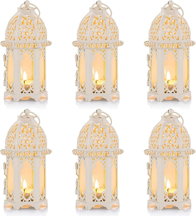 NUPTIO 6 Pcs Moroccan Style Candle Lantern - Small Sized Tealight Candle Holder with Transparent Glass Panels Great for Patio, Indoors/Outdoors, Events, Parties and Weddings, White
