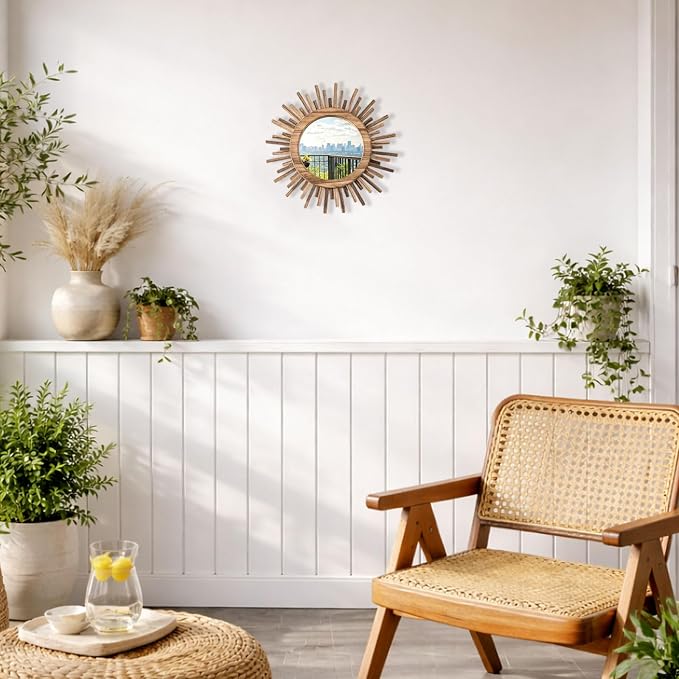 12 Inch Boho Sunburst Mirror, Round Wooden Wall Decor Starburst Sun Mirror for Bedroom, Living Room, Bathroom, Hallway, Balcony, Farmhouse Entryway, Housewarming Gift（Rustic Brown