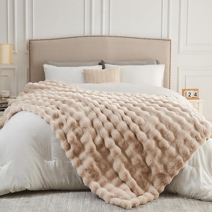 NEWCOSPLAY Faux Fur Thick Bubble Twin Blanket for Couch, Linen, 60"x80" | Luxury Fluffy Thick Warm Bubble Blanket for Couch Sofa Bed 1000GSM, Soft Plush Cozy Decorative Throw, Gift for Women Men