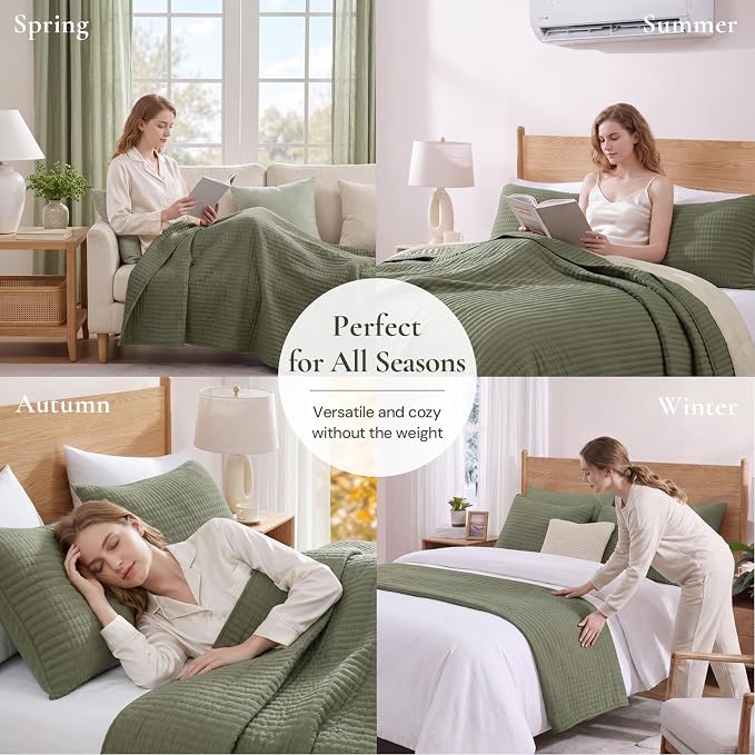 King Size Quilt-Lightweight Bedspreads Olive Green King Quilt Bedding Set | Soft Coverlet with 2 Pillow Shams for All Seasons, Suitable for Bed, Couch, 3 Pieces, 106"x94"