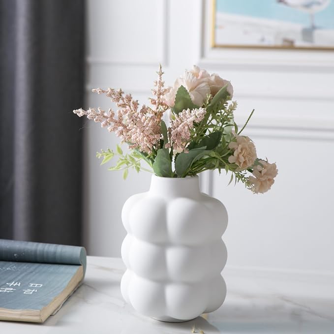 Mowtanco White Ceramic Vase, Modern Small Vase for Centerpiece 6.7" Tall | Boho tabletop decor accent vase for dried flowers, centerpiece for living room bedroom shelf, minimalist home decor gift