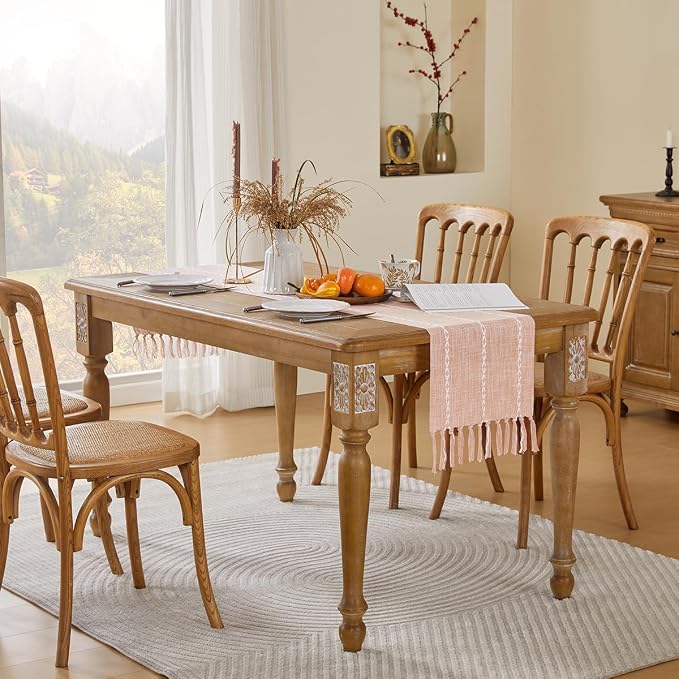 Wracra Rustic Linen Table Runner, Orange Table Runners 60 inches Long | Raised Embroidered Design and Hand-Tassels;Cotton Linen Woven Fabric; Farmhouse Table Runner;Home Kitchen Dining Decor