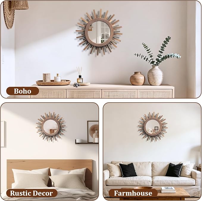 12 Inch Boho Sunburst Mirror, Decorative Rustic Farmhouse Wall Decor for Living Room, Bedroom, Bathroom, Hallway - Tricolor Wood Frame