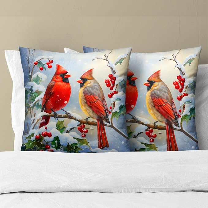 Winter Red Bird Throw Pillow Cover Set of 2 24x24 Inch Winter Christmas Pillowcase Nature Birds Scene Cushion Covers Farmhouse Pillow Protector for Home Bedroom Sofa