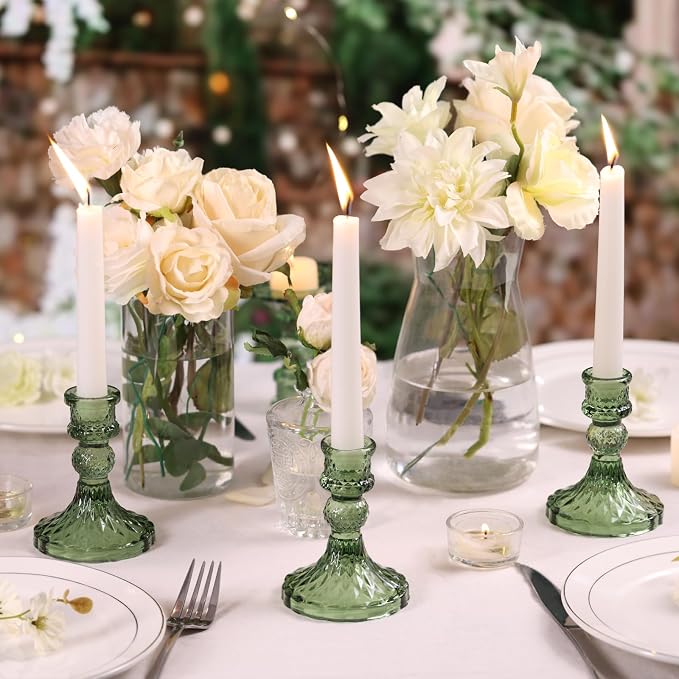 Glass Candle Holder Set of 12, Green Taper Candle Holders Bulk | Vintage Candlestick Holders, Candle Stick Holder for Table Centerpieces, Wedding, Festival & Home Decor
