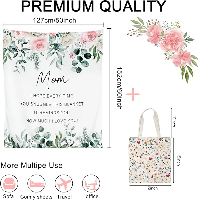 Mocsicka Mom Blanket Ultra Soft Sherpa Fleece Throw (50x60 Inch) | Cozy Lightweight Luxury Throw for Women from Daughter Son, Floral Tote Bag Gift Set
