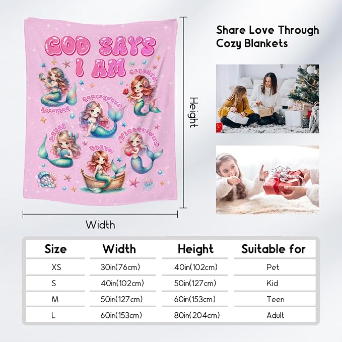Mermaid Blanket for Girls, Mermaid Gifts, Party Decorations, God Says I Am, Cute Fleece Fuzzy Blanket for Couch Chair, 30"x40"