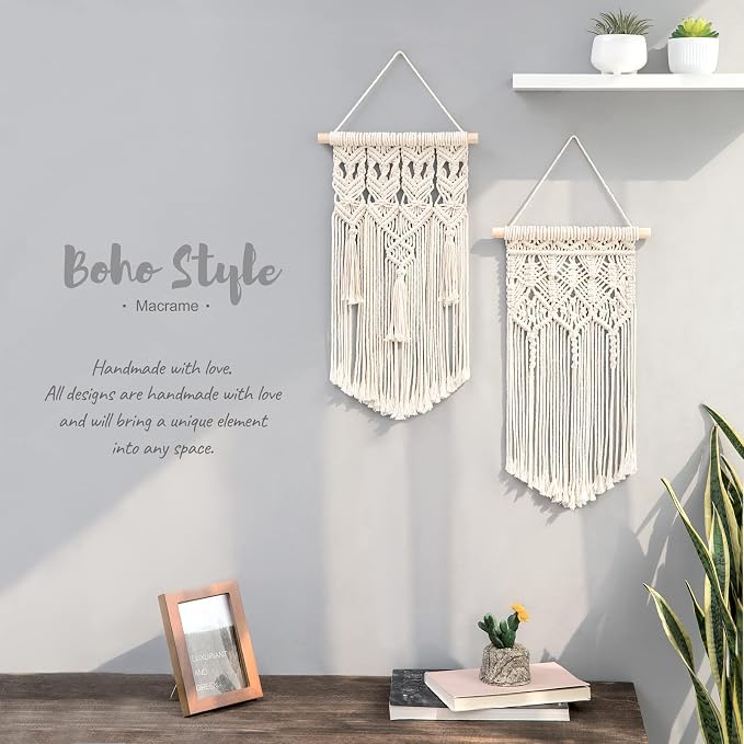 Mkono 2 Pcs Macrame Wall Hanging, Boho Woven Chic Tapestry Decor, Ivory