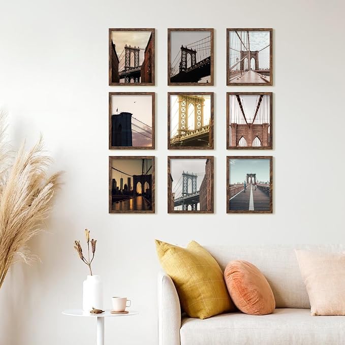 YESKAY 11x14 Picture Frame Set of 9, Photo Gallery Wall Frame Set, Display Pictures 8x10 with Mat or 11 x 14 Without Mat, Multi Photo Frames for Wall Mounting or Table Top Display, Rustic Brown