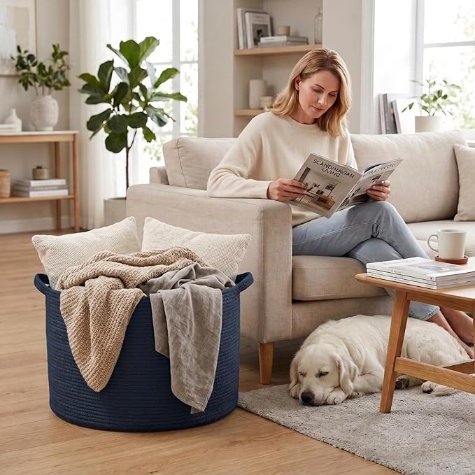 115L Extra Large Woven Cotton Rope Laundry Basket-Navy Blue | Collapsible, reinforced handles, nursery storage bin organizes clothes, toys and pillows for living room, bedroom bathroom