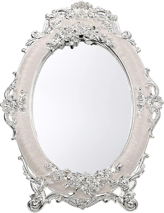 JUXYES Tabletop Dressing Mirror with Stand Desktop Mirror with Rose Decor | Small Antique Embossed Roses Countertop Makeup Mirror, Retro Oval Cosmetic Decorative Mirrors for Dresser Table