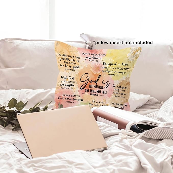 Christian Floral Throw Pillow Cover 18x18, Bible Verse Decor Pillow Cases for Women, God Is Within Her She Will Not Fall Motivational Decorative Square Pillowcases for Home Living Room Bedroom