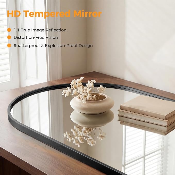 DUMOS 26"x38" Arched Wall Mirror, Bathroom Mirrors for Over Sink, Black | Tempered Glass & Anti Rust Metal Frame, Decor for Entryway, Living Room, Bedroom, Vanity