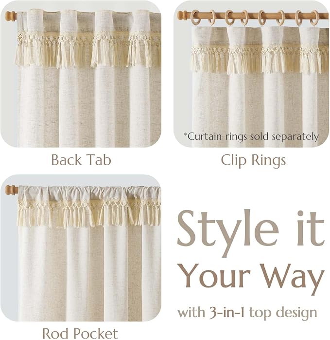 jinchan Linen Curtains for Living Room Bedroom Light Filtering Semi Sheer Curtains Boho Farmhouse French Country Cottage Core Decor Window Drapes Back Tab 96 Inch Length Tassel Beige