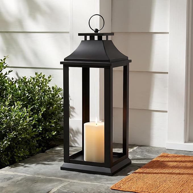 Modern Farmhouse Black Lantern Candle Holder – 22” Hanging Decorative Lantern for Indoor & Outdoor Home Décor – Ideal for Parties, Weddings, Porches, and Events (No Glass Panel), Size Large