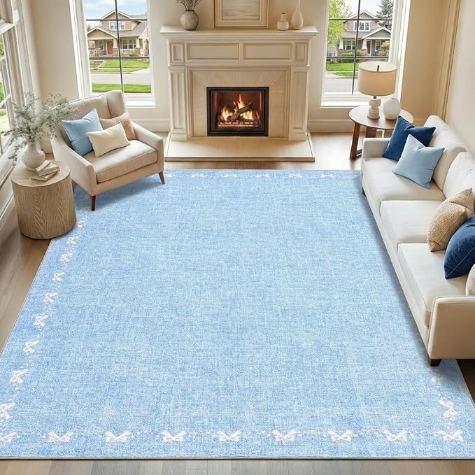 COZYLOOM 8x10 Bow Rug for Bedroom, Large Printed Nursery Rug with Non Slip Backing, Stain Resistant Non Shedding Modern Farmhouse Rugs Low Pile Soft Bordered Carpet for Bedroom, Dining Room, Blue