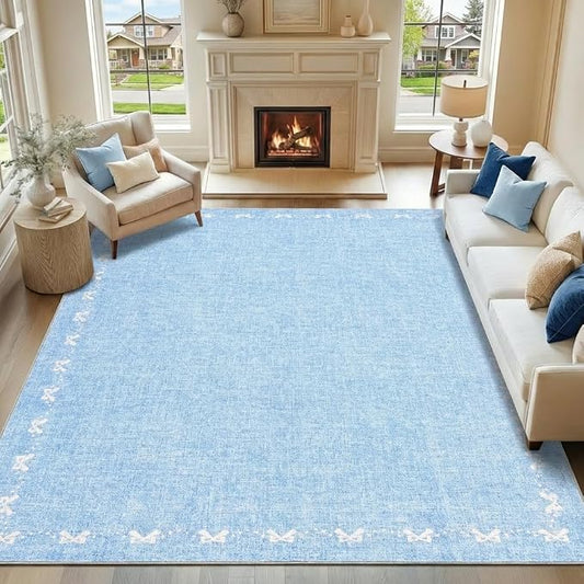 COZYLOOM 8x10 Bow Rug for Bedroom, Large Printed Nursery Rug with Non Slip Backing, Stain Resistant Non Shedding Modern Farmhouse Rugs Low Pile Soft Bordered Carpet for Bedroom, Dining Room, Blue