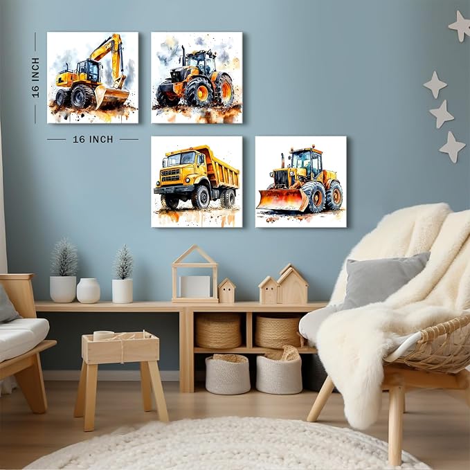 Watercolor Construction Truck Wall Art Boys Bedroom Decor Excavator Bulldozer Tractor Canvas Prints Pictures Kids Room Playroom Transportation Car Theme Paintings Artwork Home Decorations 16x16” 4Pcs