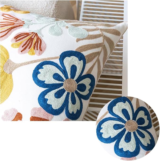 YIcabinet Pillow Covers Set of 2, Embroidered Flower Pattern Throw Pillow Cover,Square Cotton Cushion,Pillow Case for Sofa Bedroom Couch,18"x18"