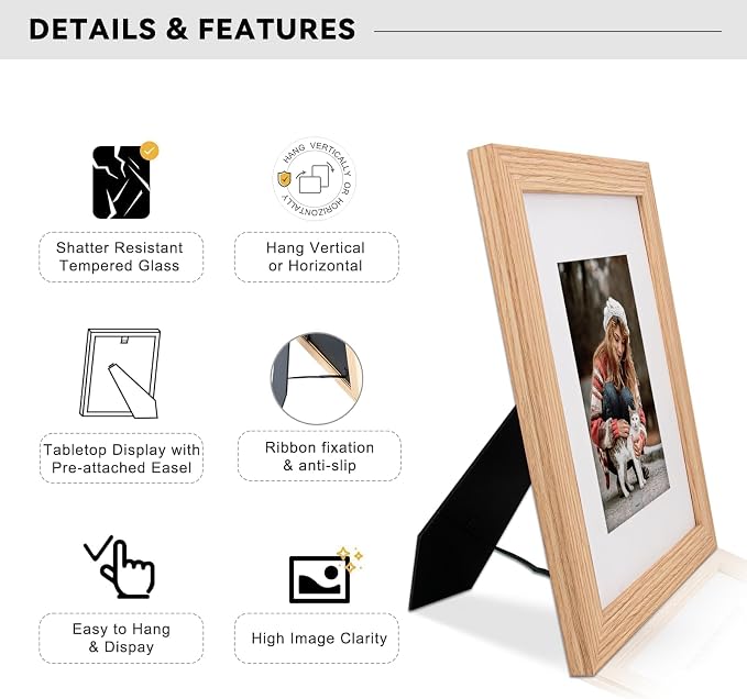 8x10 Picture Frame-Natural Oak,5x7 Mat,Tempered Glass,Engineered Wood