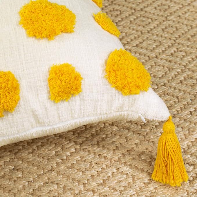 PLWORLD Boho Yellow Pillow Cover 18x18, Tufted Cream Chenille Cushion Case with Pom Poms & Tassels, 1PC Cover Only, No Insert