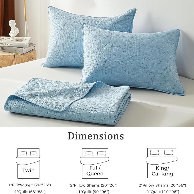 akkialla King Quilt Bedding Set,Sky Blue Ultrasonic King/Cal King Quilt Set,Lightweight Soft Bedspread Coverlet,Modern Style Coin Pattern Bed Cover for All Seasons,3 Piece(1 Quilt,2 Pillow Shams)