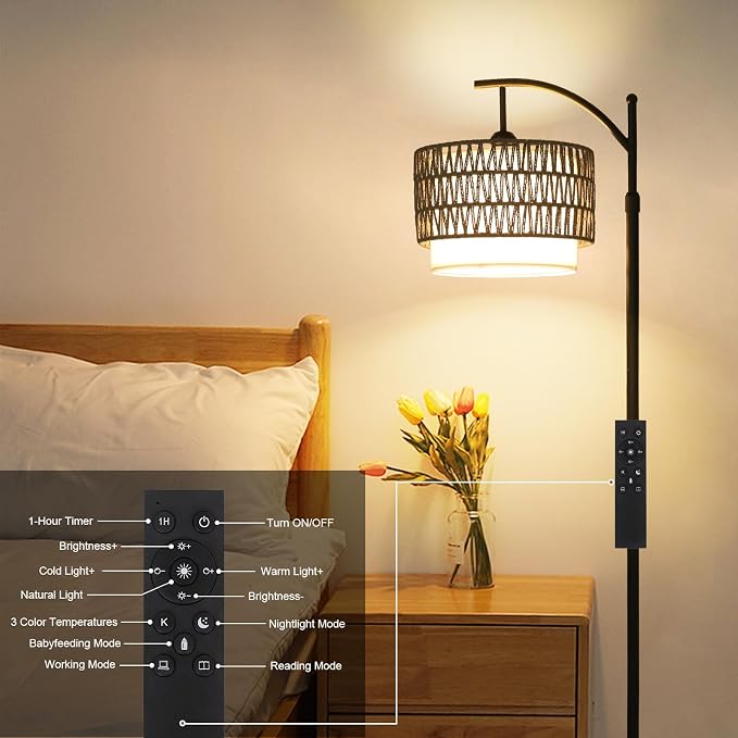 eyassi Floor Lamps for Living Room, Arc Standing Lamp with Remote & Dimmable Bulb, Boho Rattan Floor Lamp for Bedroom with 3 Color Temperatures, Farmhouse Tall Lamp, Height Adjustable Stand up Lamp