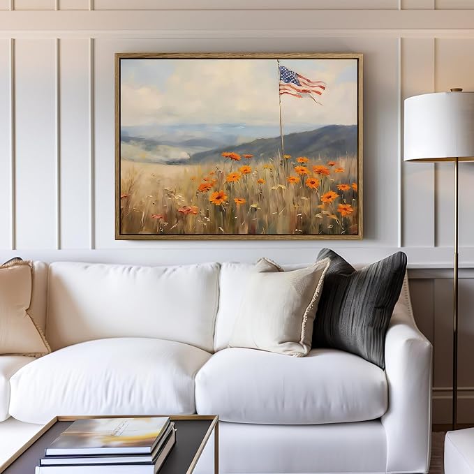 American Flag Framed Canvas Wall Art, 4th of July Patriotic Canvas Prints | Wildflower Meadow Landscape Poster Print, Vintage Rustic Independence Day Wall Decor for Bedroom Living Room 24×32in