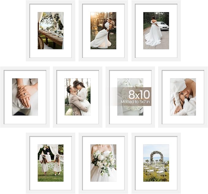 upsimples 8x10 Picture Frame Set of 10, Display Pictures 5x7 with Mat or 8x10 Without, Multi Photo Frames Collage for Wall or Tabletop Display, White