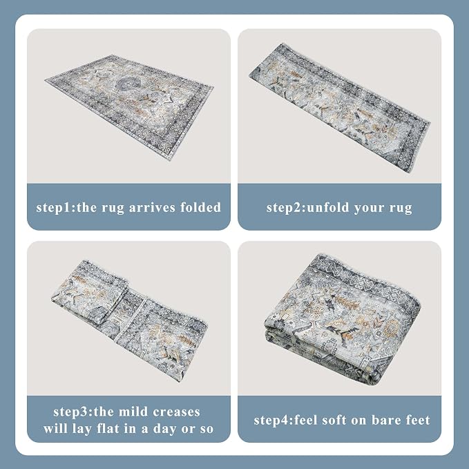 Washable Entryway Area Rug 2x3 - Small Doormat Vintage Distressed Rugs Oriental Non-Slip Stain Resistant Carpet Soft Thin Non-Shedding Indoor Floor Mat for Bedroom Bathroom Kitchen (Grey/Blue,2x3)