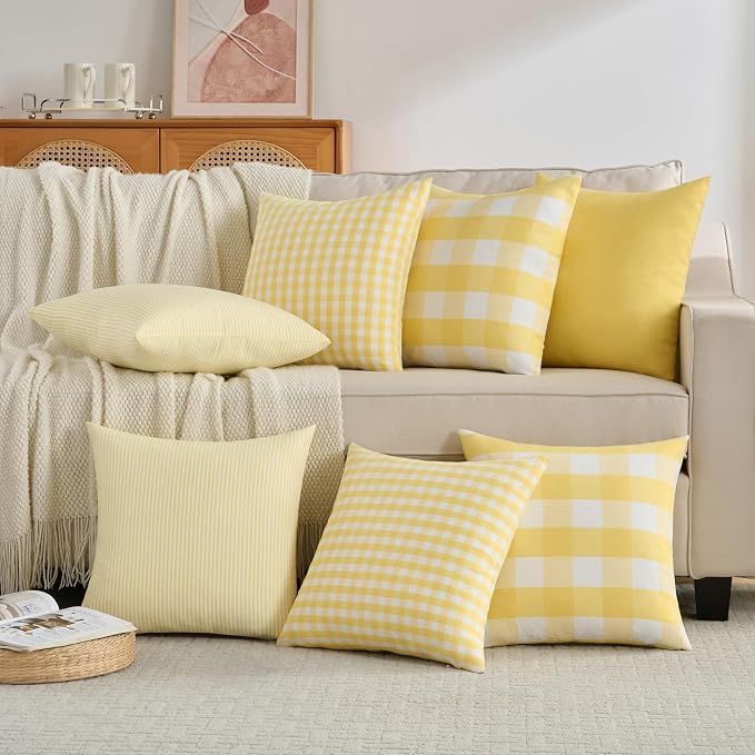 Light Yellow Striped Summer Outdoor Throw Pillow Covers 18x18 Set of 2 | Set of 2 Yellow Decorative Pillow Covers 18 x 18, Yellow Room Decor Pillows for Couch Bed, Outdoor Pillows for Patio Porch
