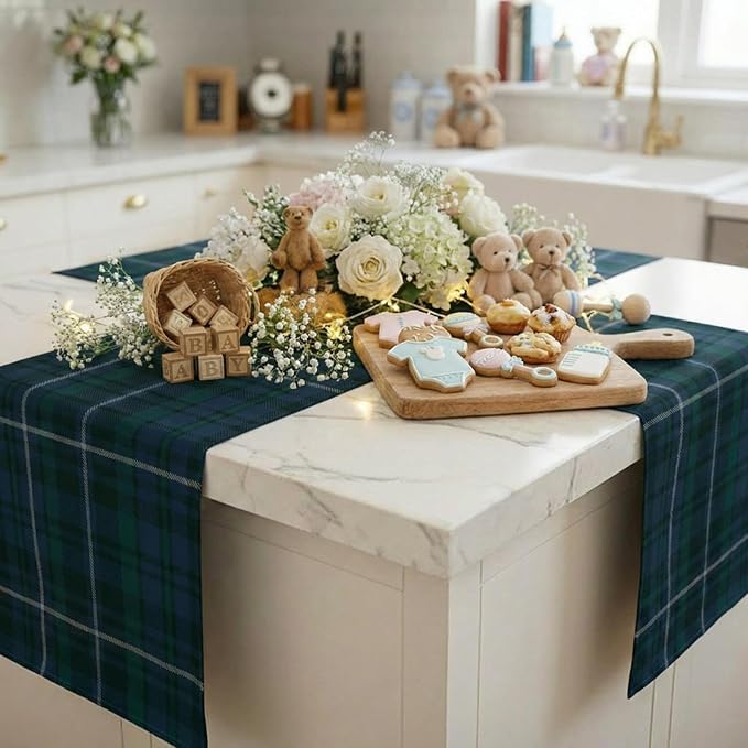 Gilprop 6 Pcs 72 x 13'' Tartan Plaid Table Runner Blue and Green | Vintage Bear Babyshower Birthday Party Dining Decor, Checkered Cloth for Home Kitchen Farmhouse, Reusable Fabric Sets