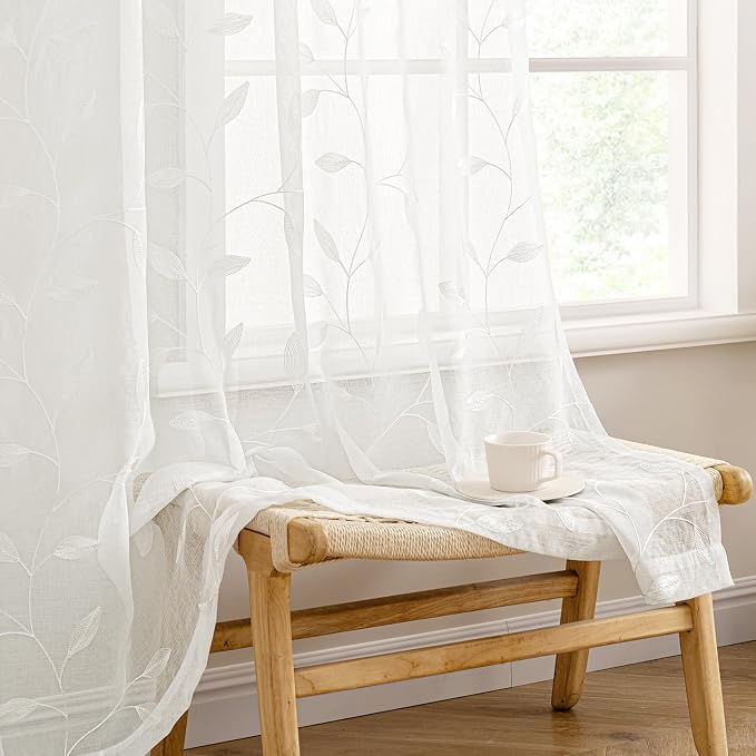 MIULEE Ivory Sheer Curtains 2 Panels Embroidered Leaf Patterned, W52 x L84 | Embroidered Floral Semi Sheer,Rod Pocket,Faux Linen,Short Window Curtains Drapes Set for Kitchen/Bathroom/Cafe