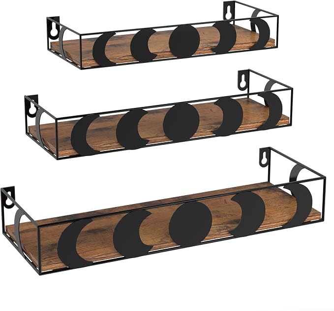 PHAREGE Black and Brown Moon Phase Floating Wall Shelves Set of 3
